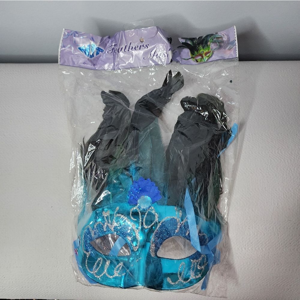 Black FEATHER MASQUERADE / MARDI GAS MASK - Blue SEQUIN EYES